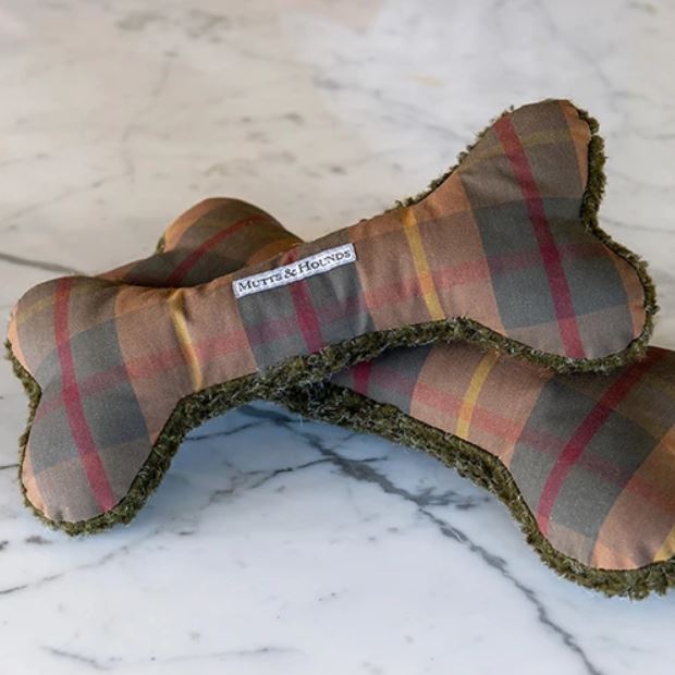 Mutts & Hounds - Tartan Wax & Olive Sherpa Squeaky Bone Dog Toy