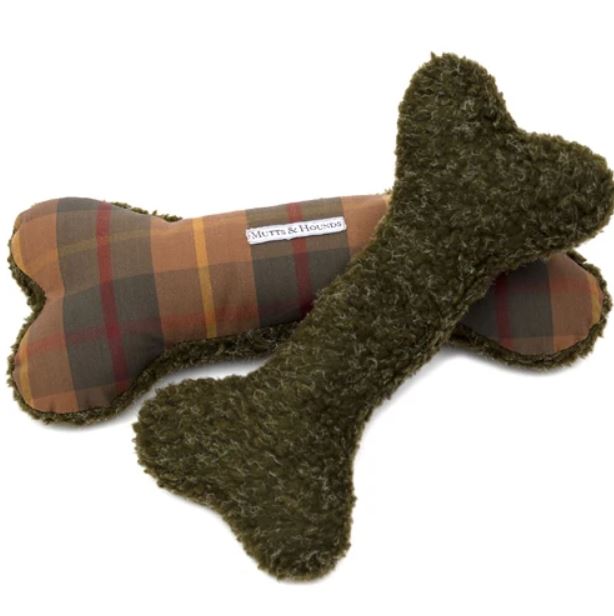 Mutts & Hounds - Tartan Wax & Olive Sherpa Squeaky Bone Dog Toy